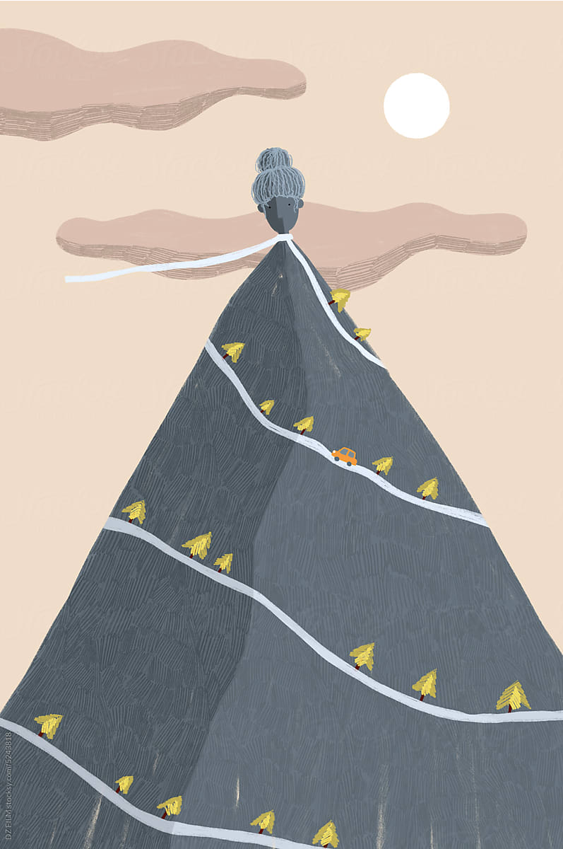 Illustration of a mountain with a woman\'s head on top