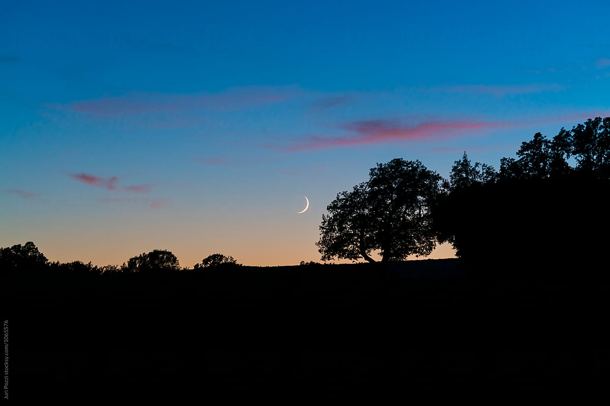 waxing crescent moon in a distant landscape