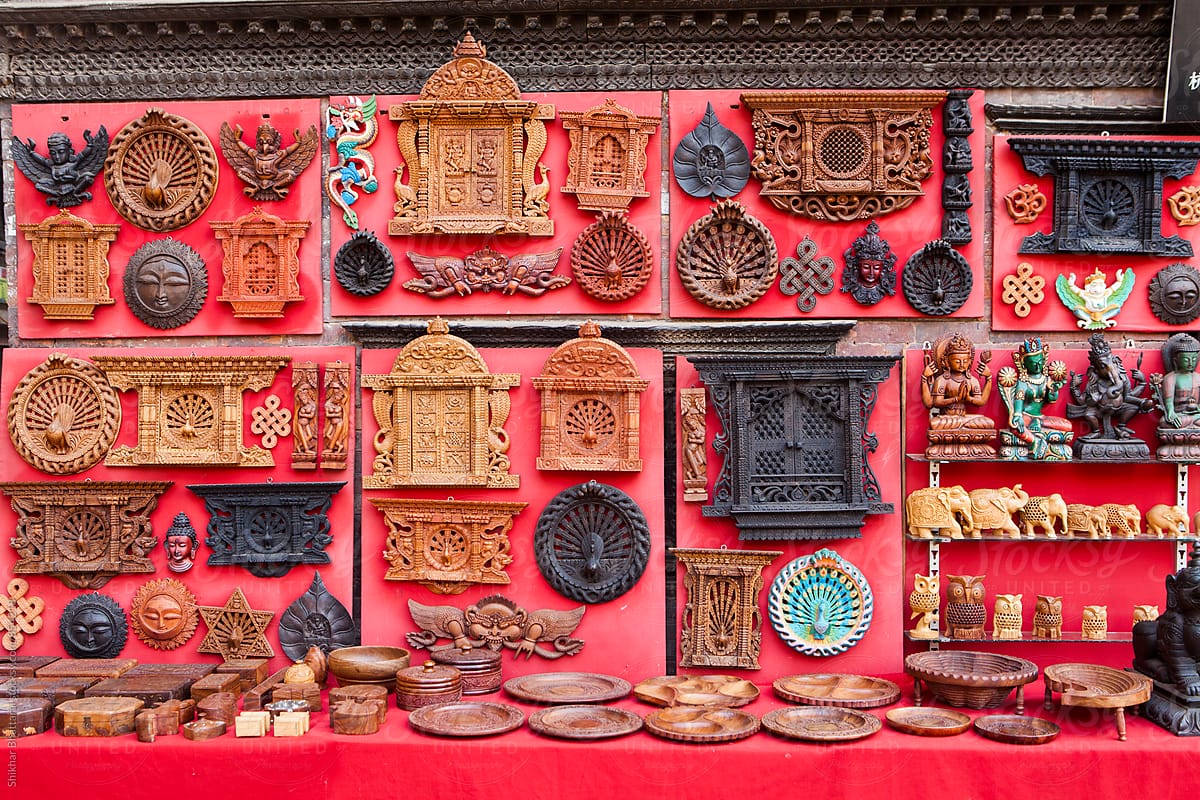 Wooden craft for sale at a curio shop in Bhaktapur, Nepal.