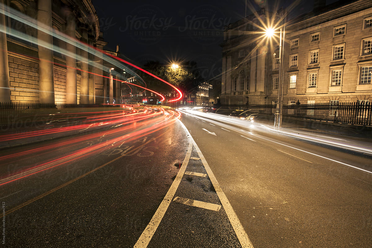Night view on a busy road in downtown Dublin