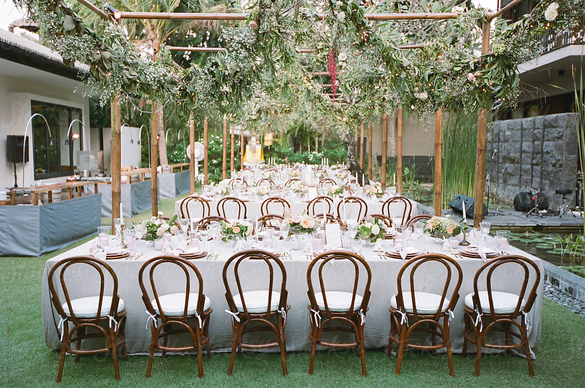 Outdoor, Tropical Wedding Reception With Hanging Greenery Garlands