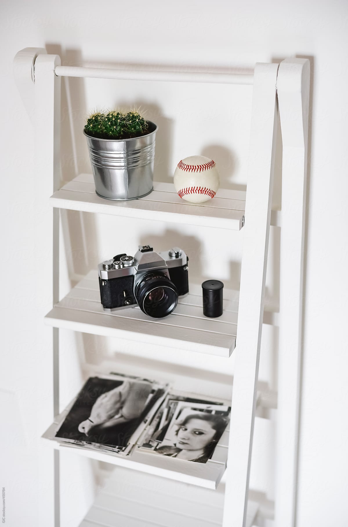 White ladder shelf with plant, ball, old camera and prints