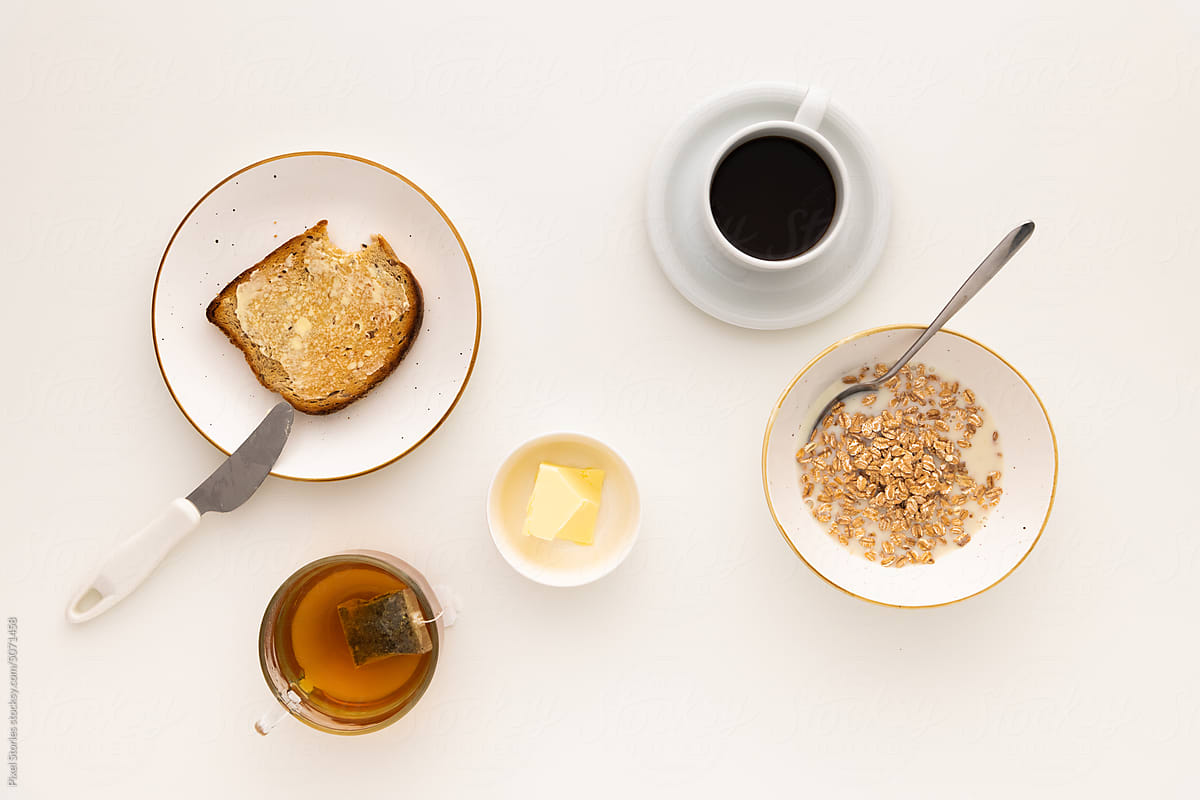 Food: Breakfast with buttered toasts, coffee, tea and muesli