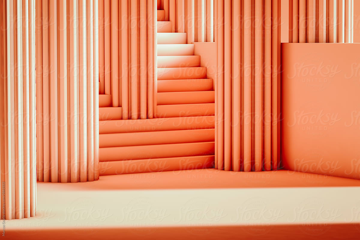 Abstract 3D background of Peach Colored Staircase and columns