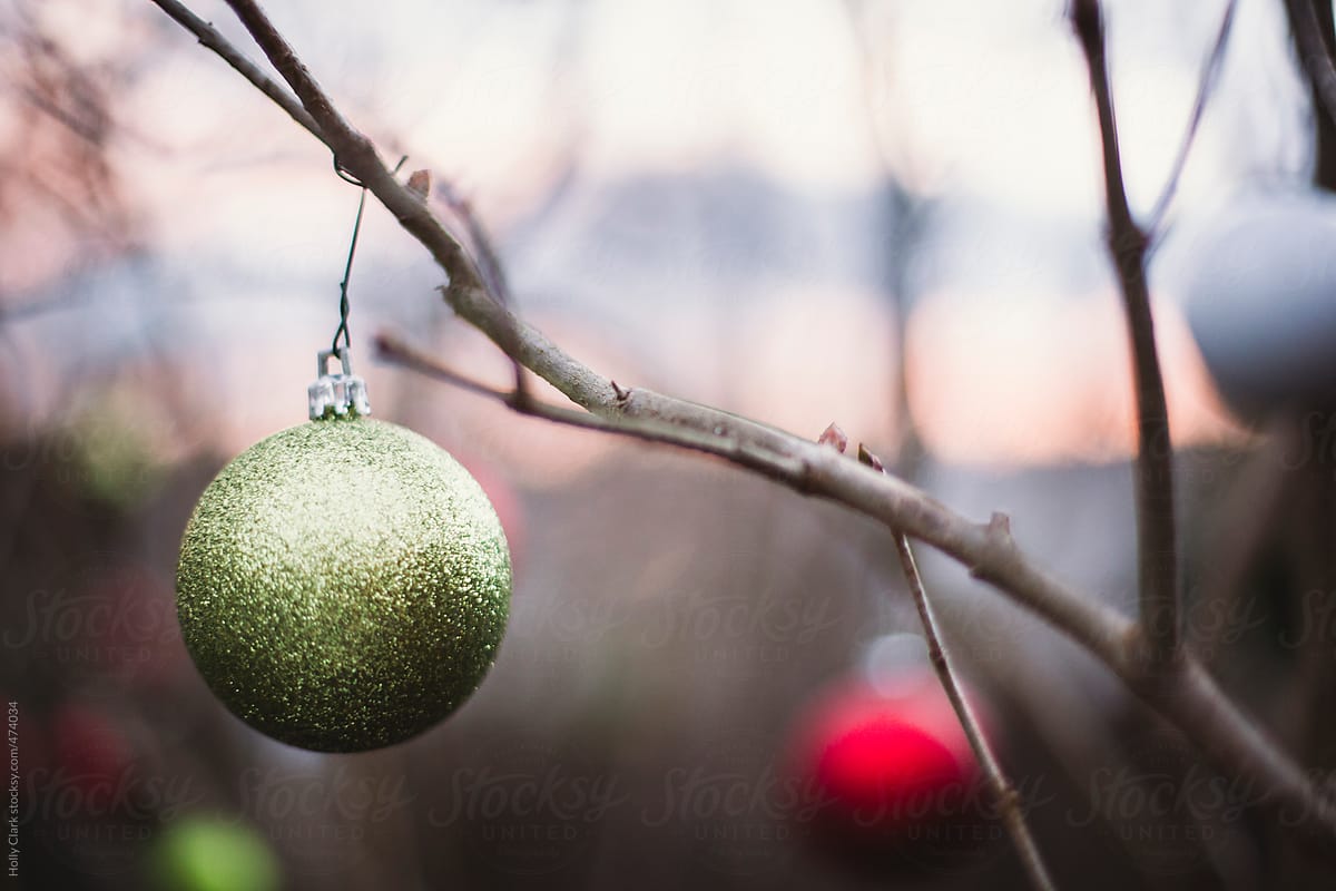 A green Christmas ornament hangs on a branch outside.