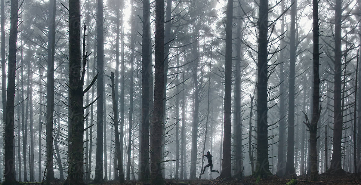 Anonymous Person Running Through Mysterious Forest Landscape