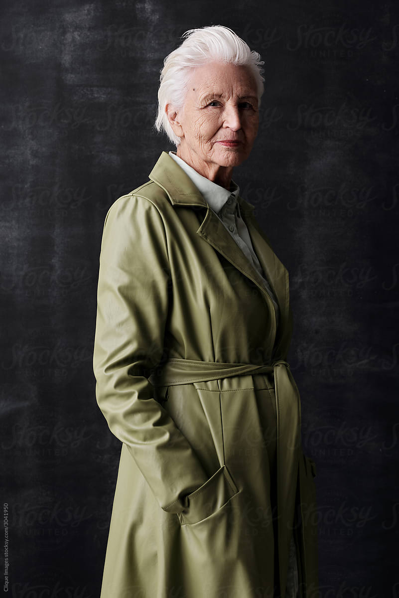 Senior Model In Leather Coat
