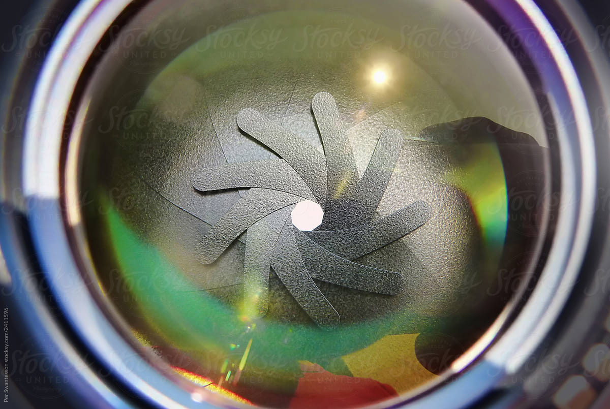 Closeup of photographic lens showing aperture mechanism