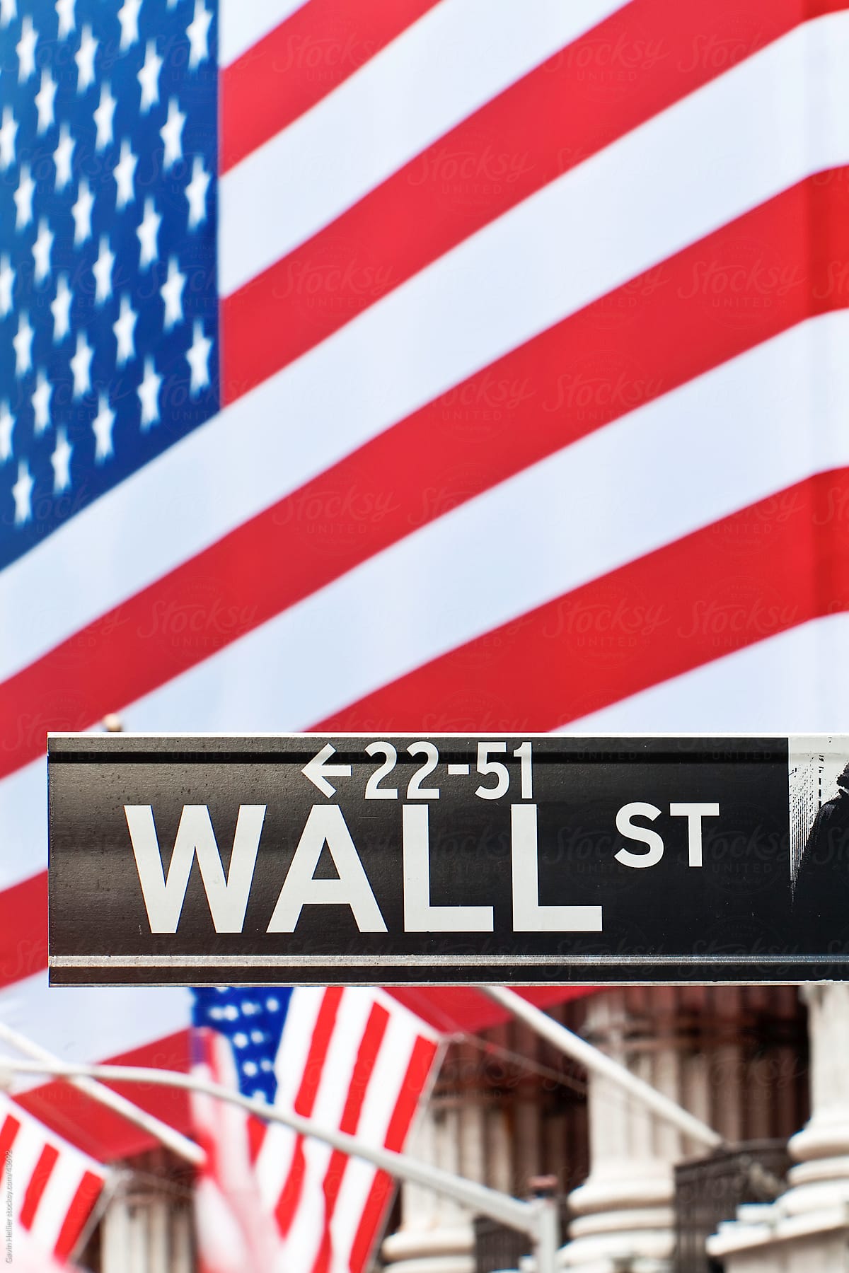 USA, New York City, Manhattan,  Downtown Financial District - Wall Street and the US flag