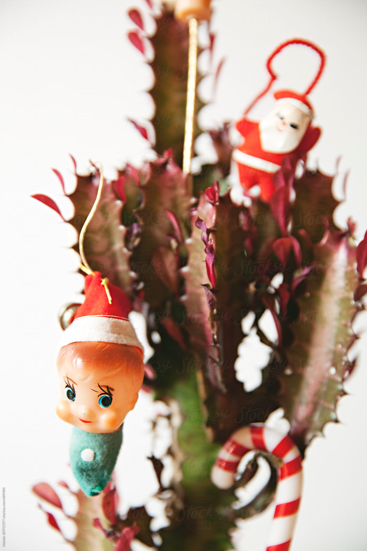 decorating a cactus / succulent for Christmas with vintage ornaments
