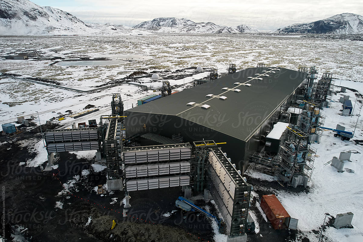 Carbon capture and storage technology, climeworks Iceland, aerial shot