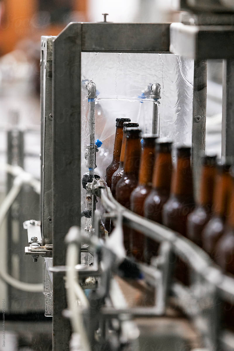 Brewery: Beer Bottles Move Through Water Sprayers