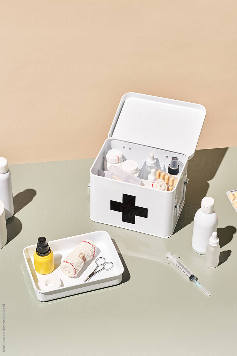 First aid kit on table