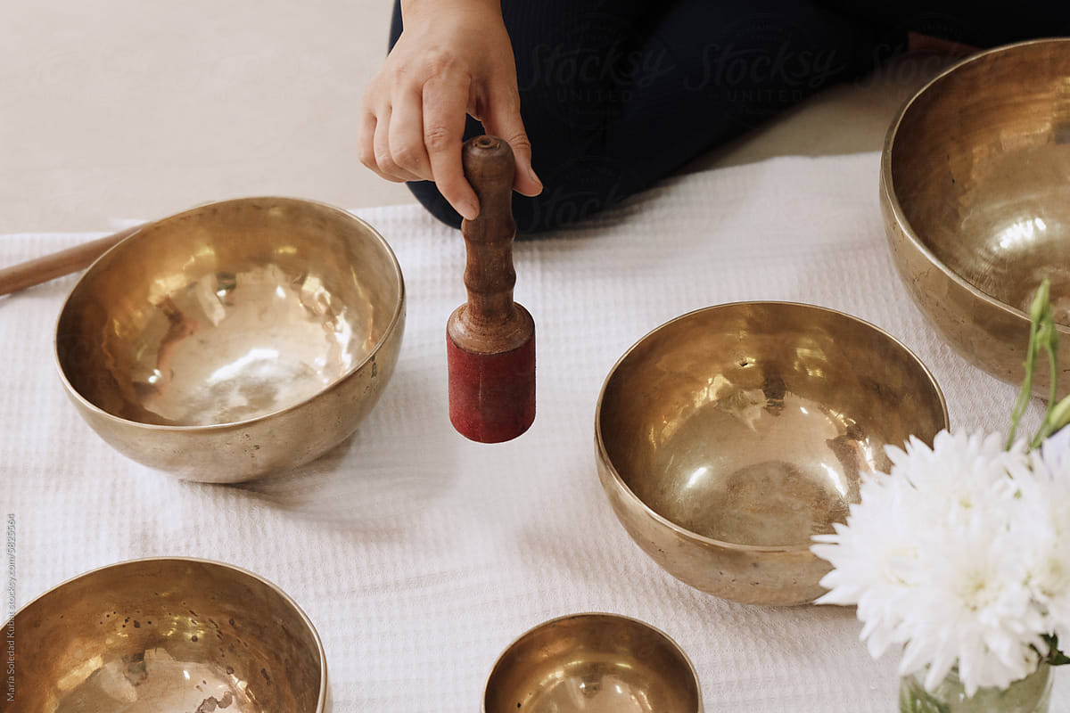 Tibetan singing bowls with sticks used during mantra meditations