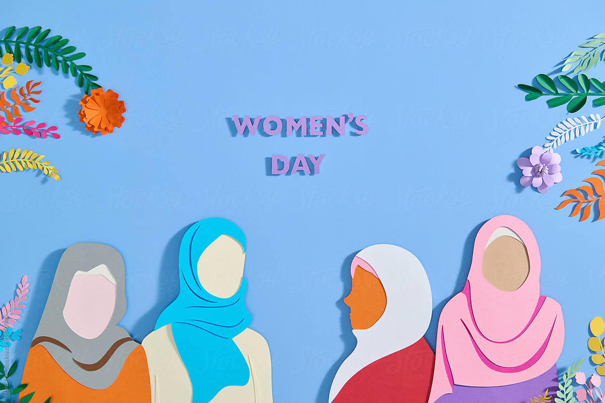 happy women\'s day banners love hijab, paper cut art style.