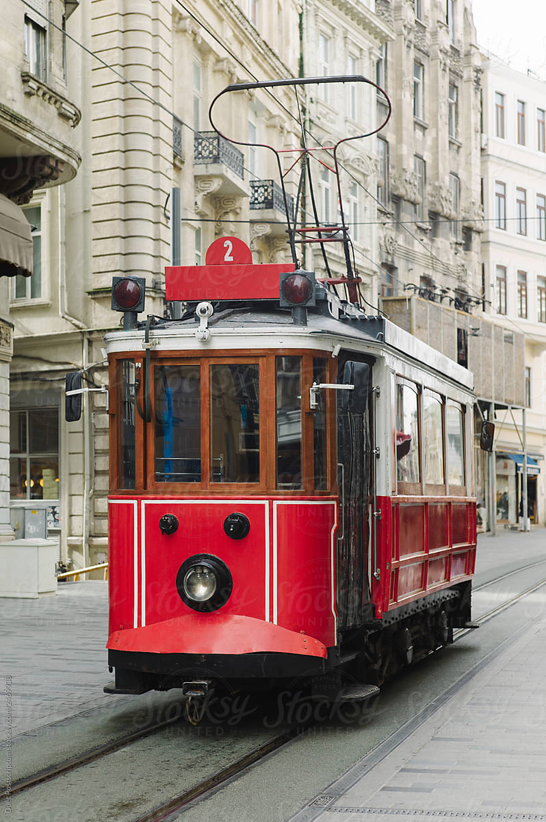 Retro red tram driving on Istiklal street, Istambul.
