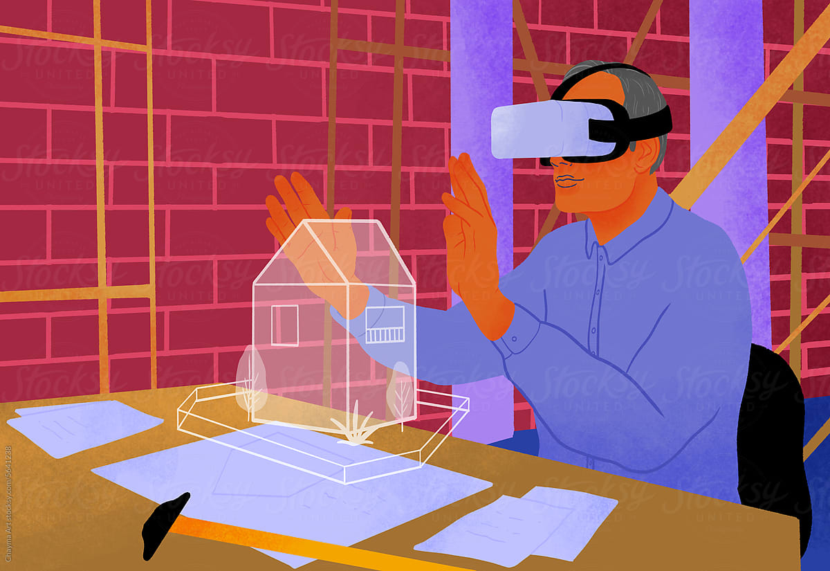 Businessman wearing VR glasses gesturing with model house on desk