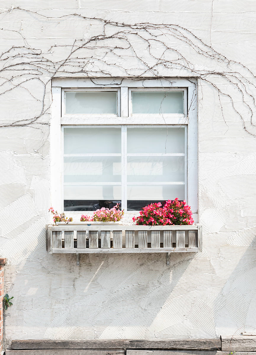 White wooden window and rough wall