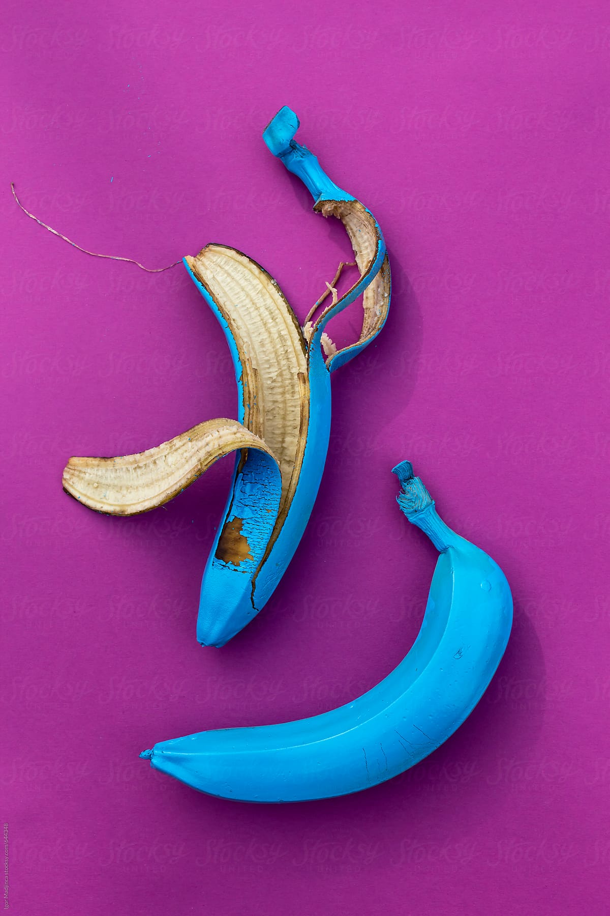 Blue Banana And Peel Bananas On Purple Background by Stocksy Contributor  Igor Madjinca - Stocksy
