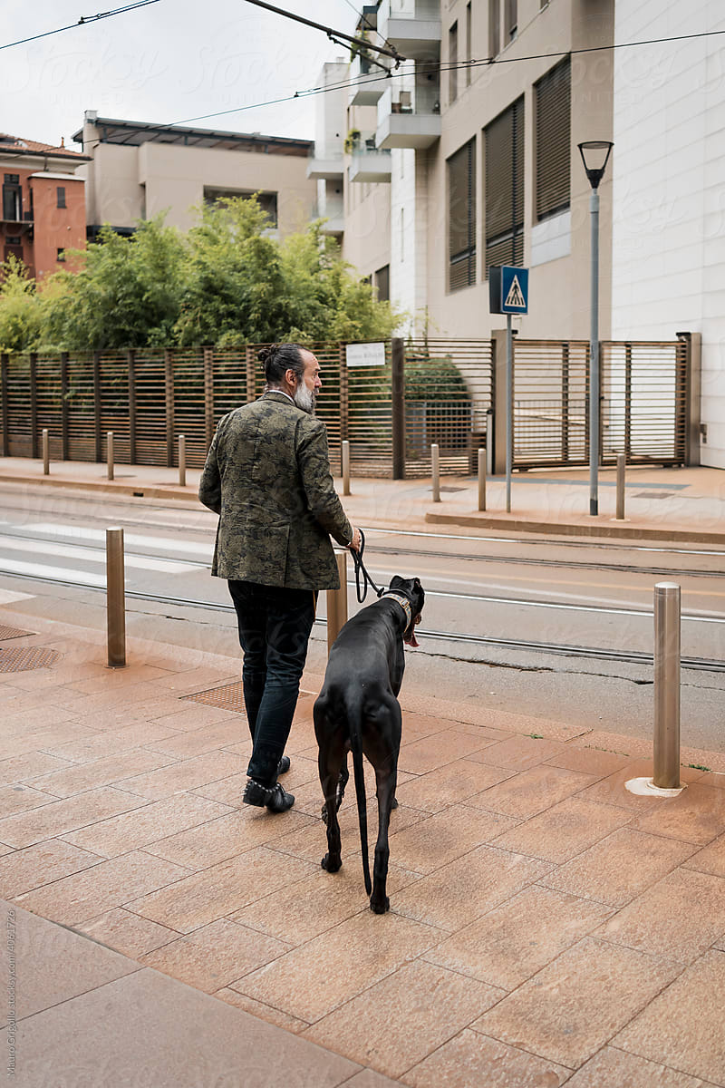 Adult Man crossing a street with his dog