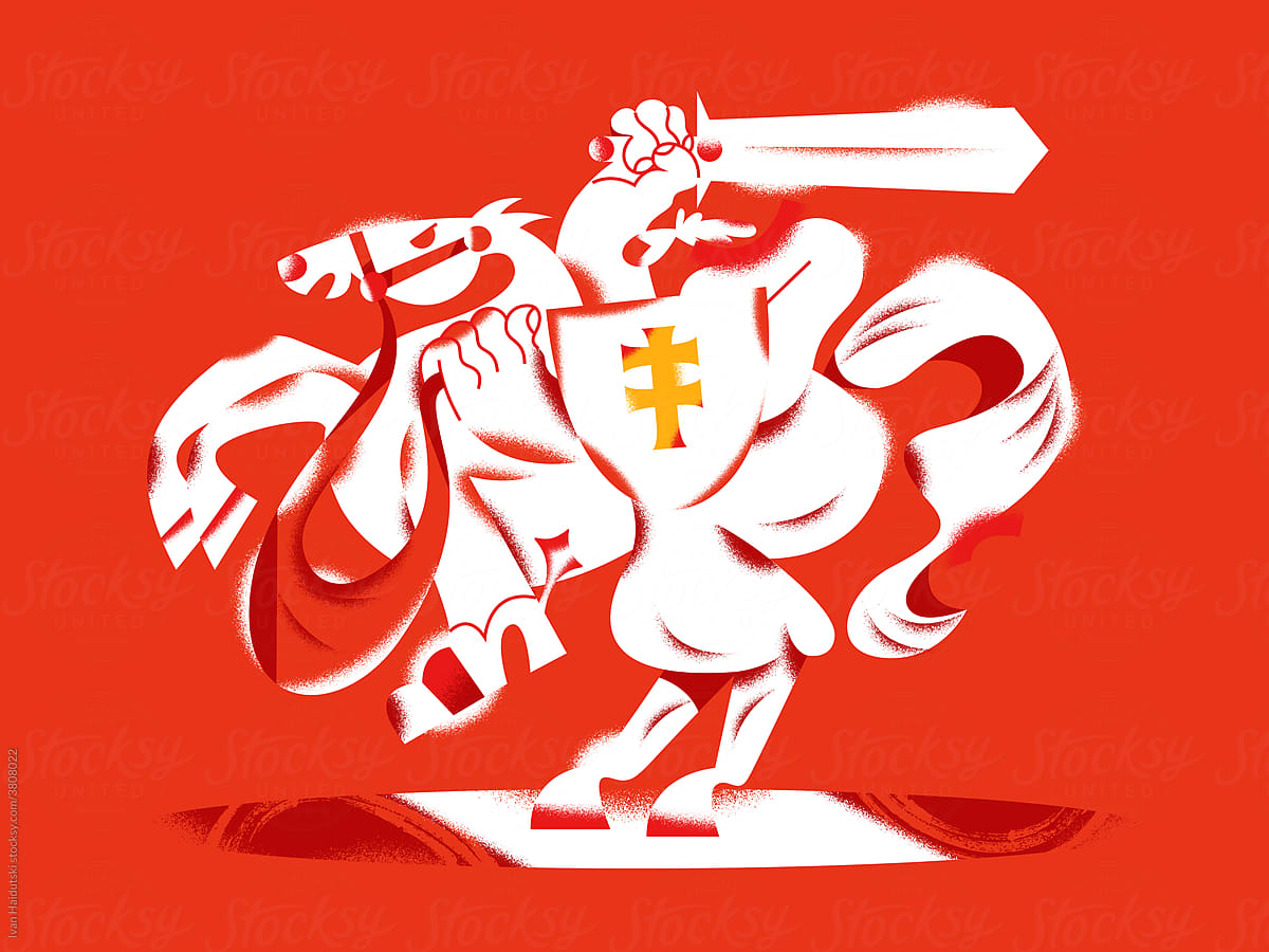 White silhouette Horseman hold sword on red background