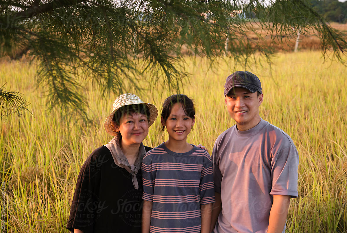 Asian family of three next to the rice field