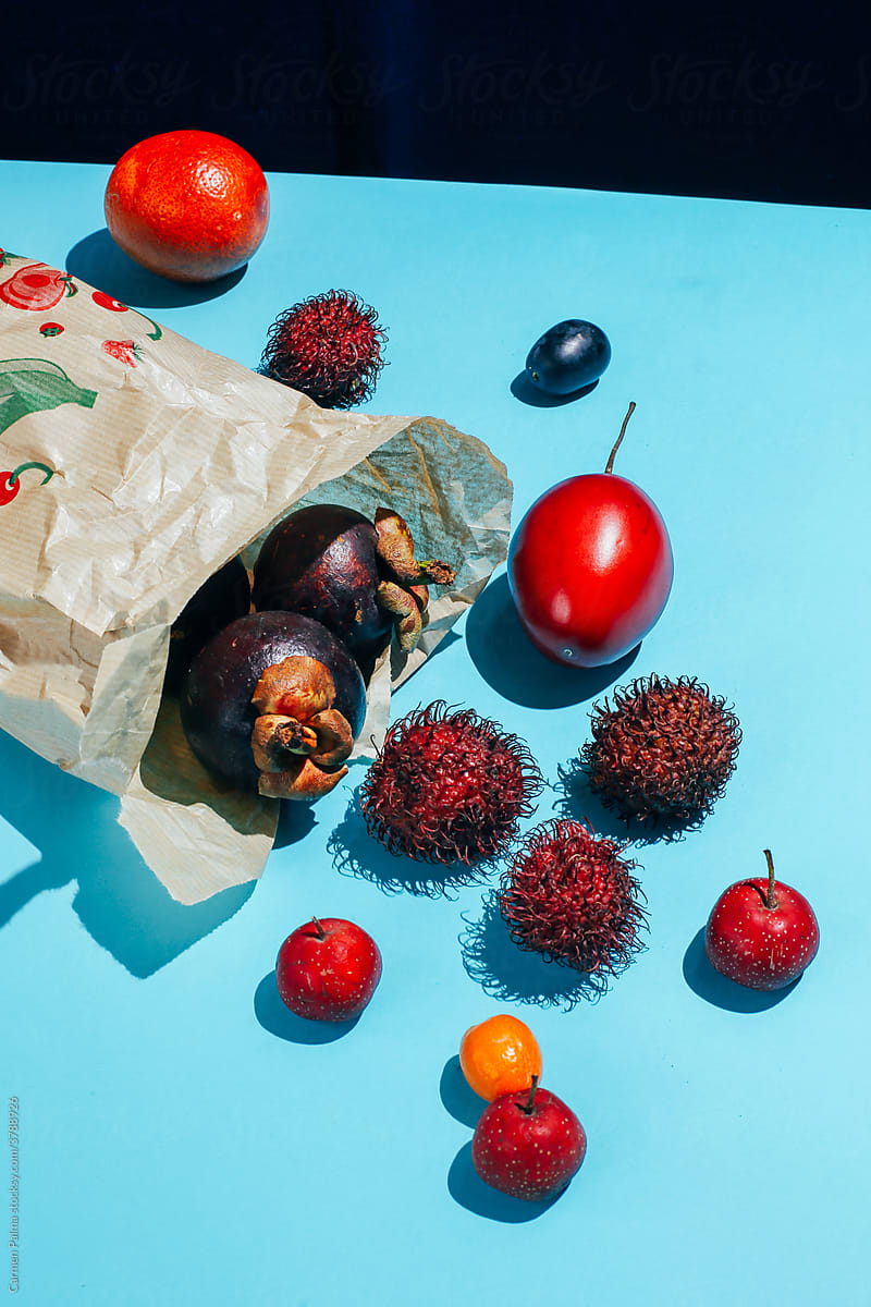 Tropical fruits on a paper bag
