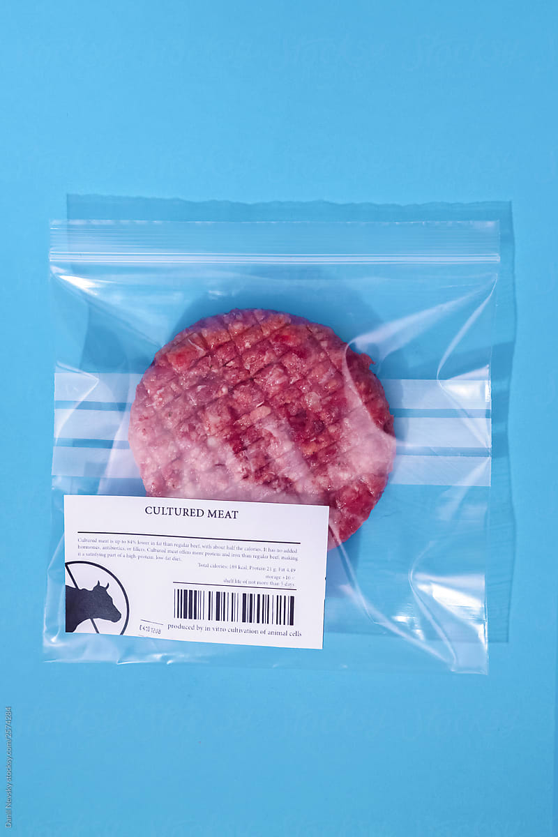 Package with cultured meat patty