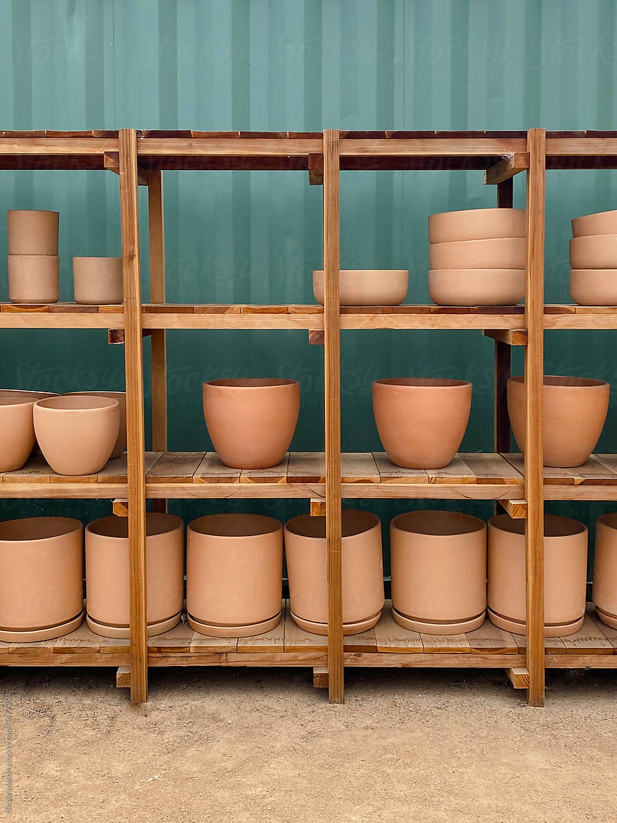 wood shelves with terra cotta plant pots