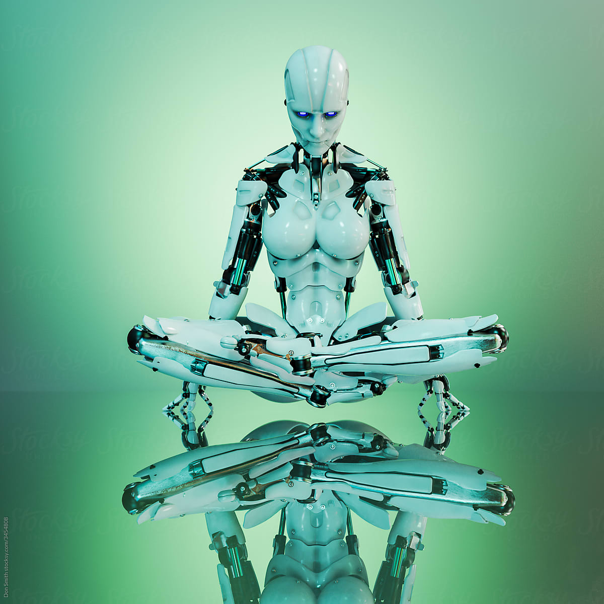 Female cyborg in yoga pose sitting balancing