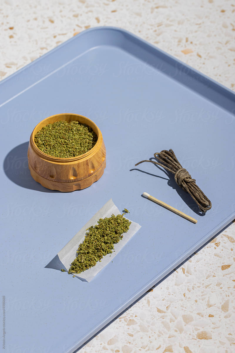 Cannabis on blue tray