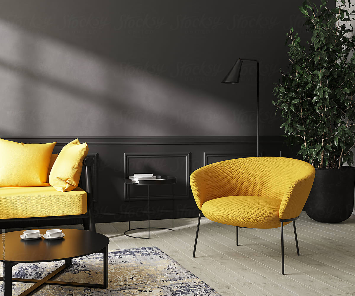 Black walls room interior with bright yellow furniture