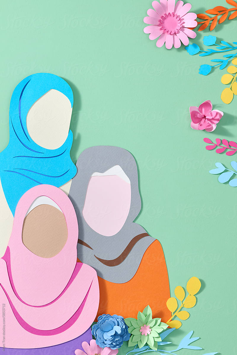 happy women\'s day greeting care love hijab, paper cut art style.