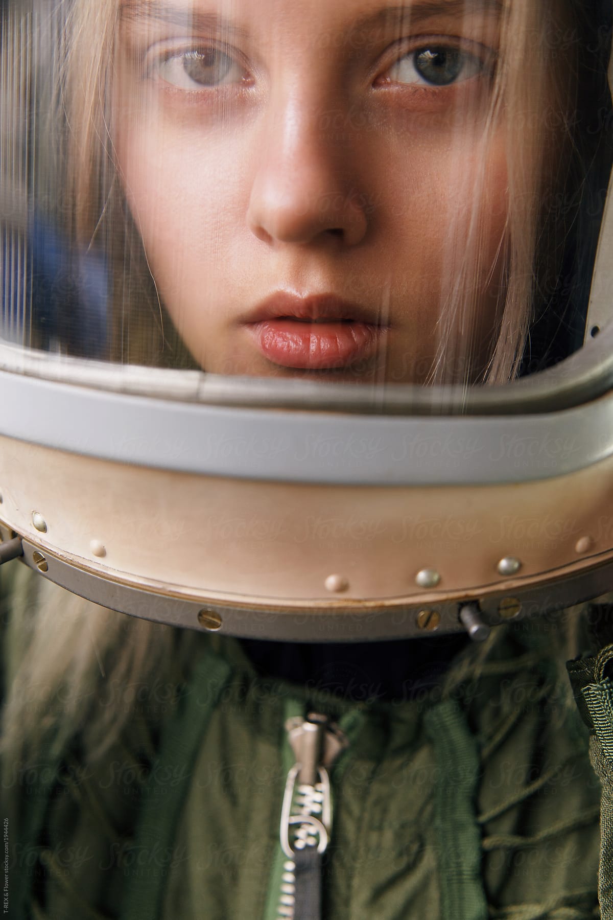 Girl in glass space helmet