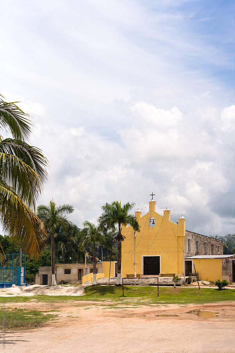 Small Yellow Colonial Church In Mexico.