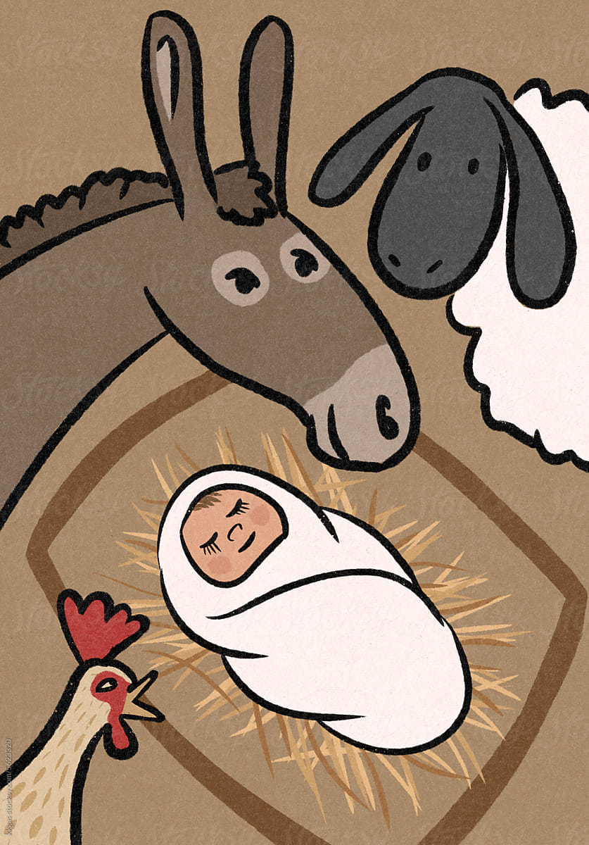 Jesus in a manger with farm animals