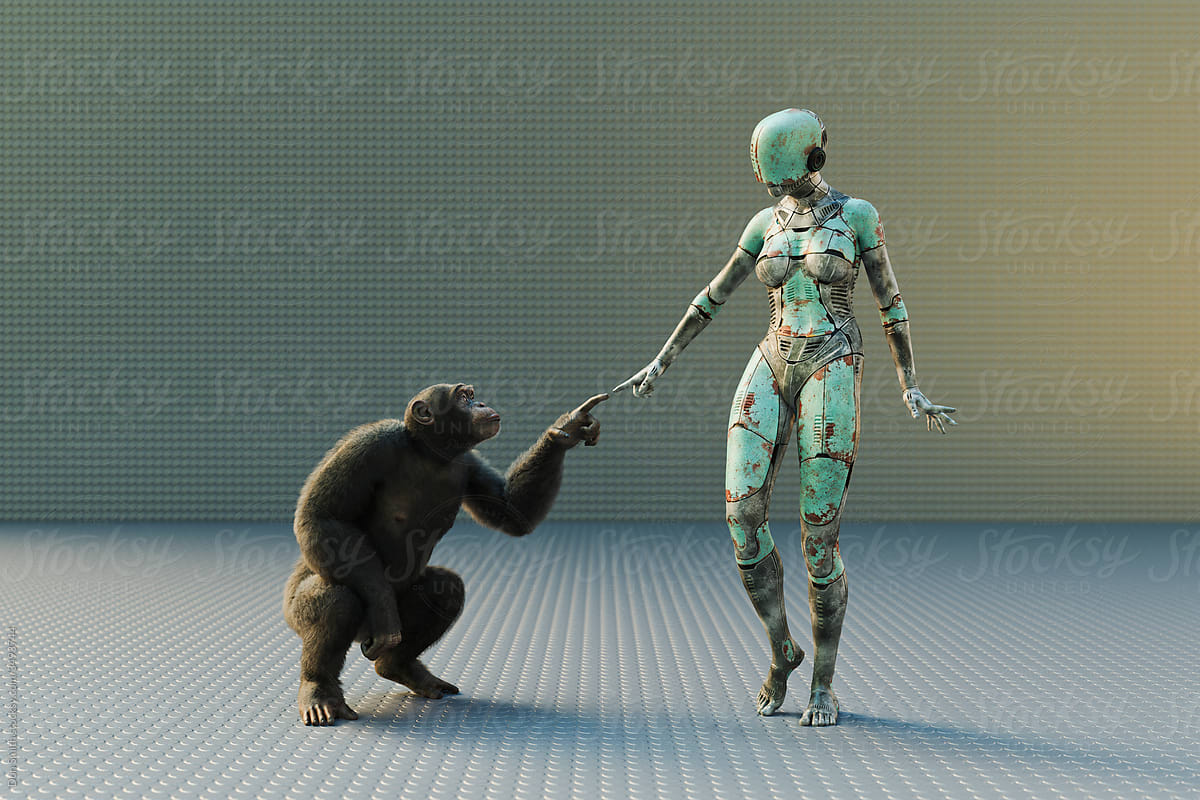 Futuristic woman reaches out finger to touch chimpanzee