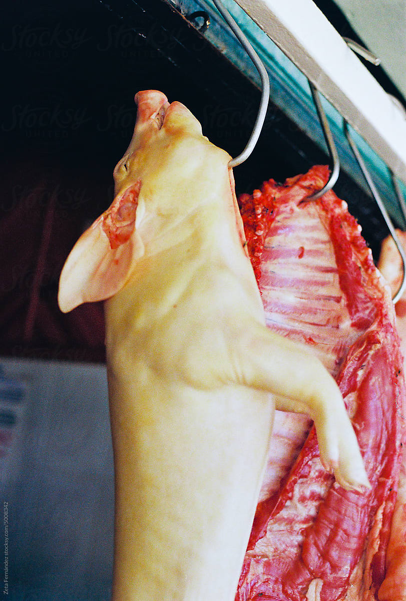 Raw Pork Hung In The Butcher Shop