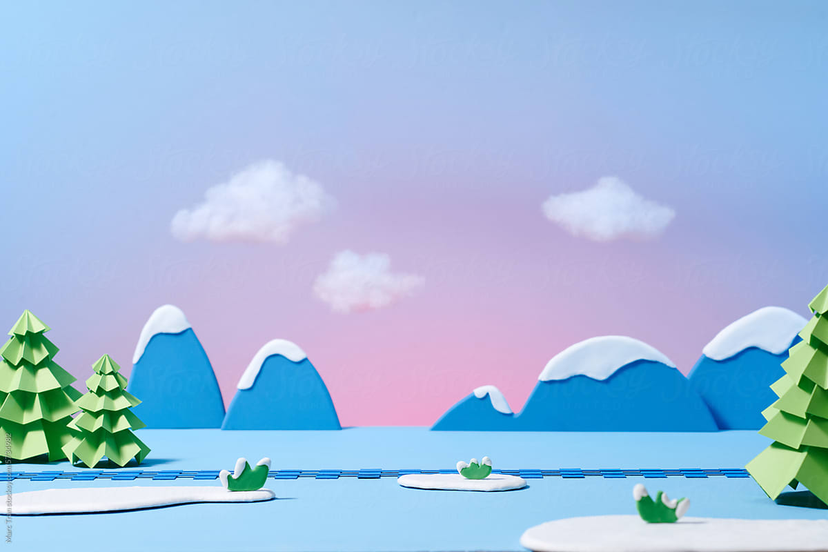 Winter season landscape with easy papercraft trees