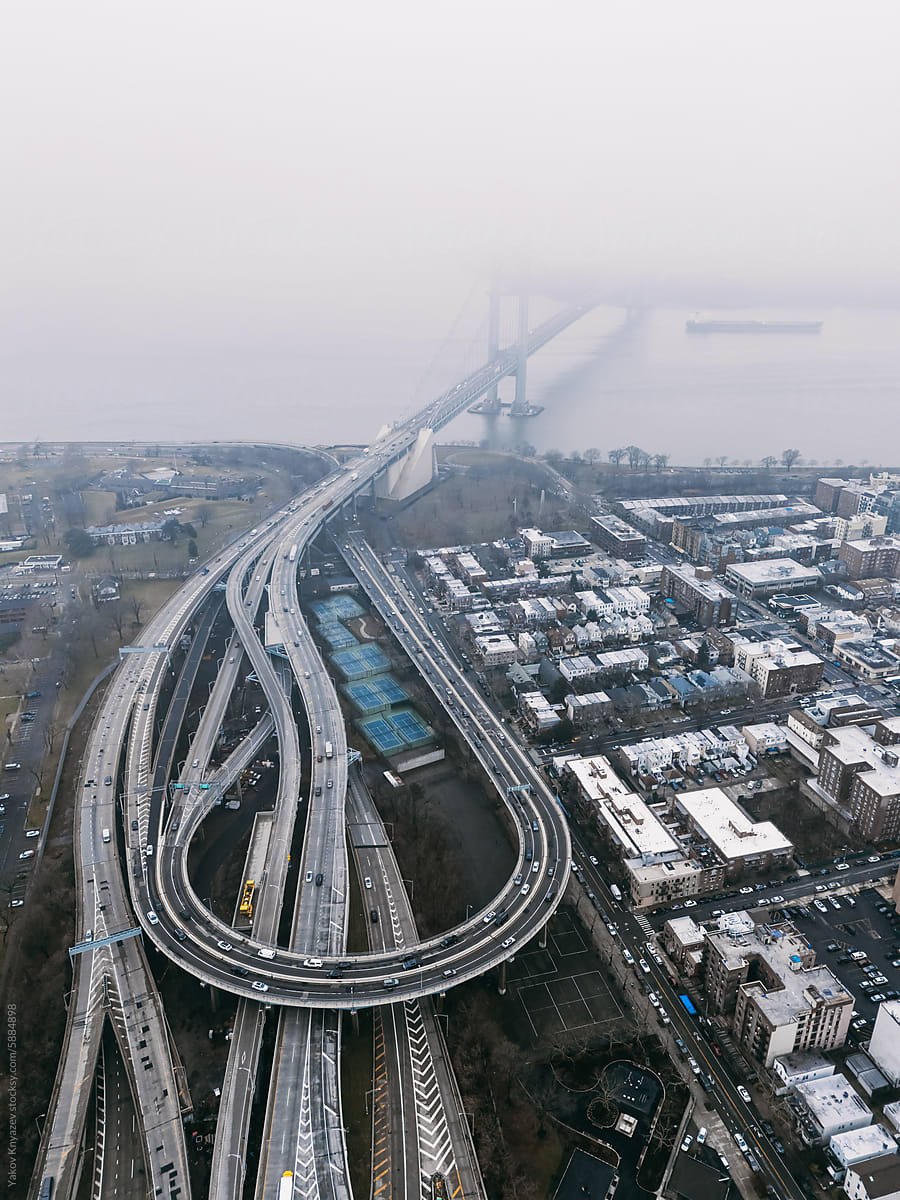 Misty Day Over Urban Highway Interchange in New York