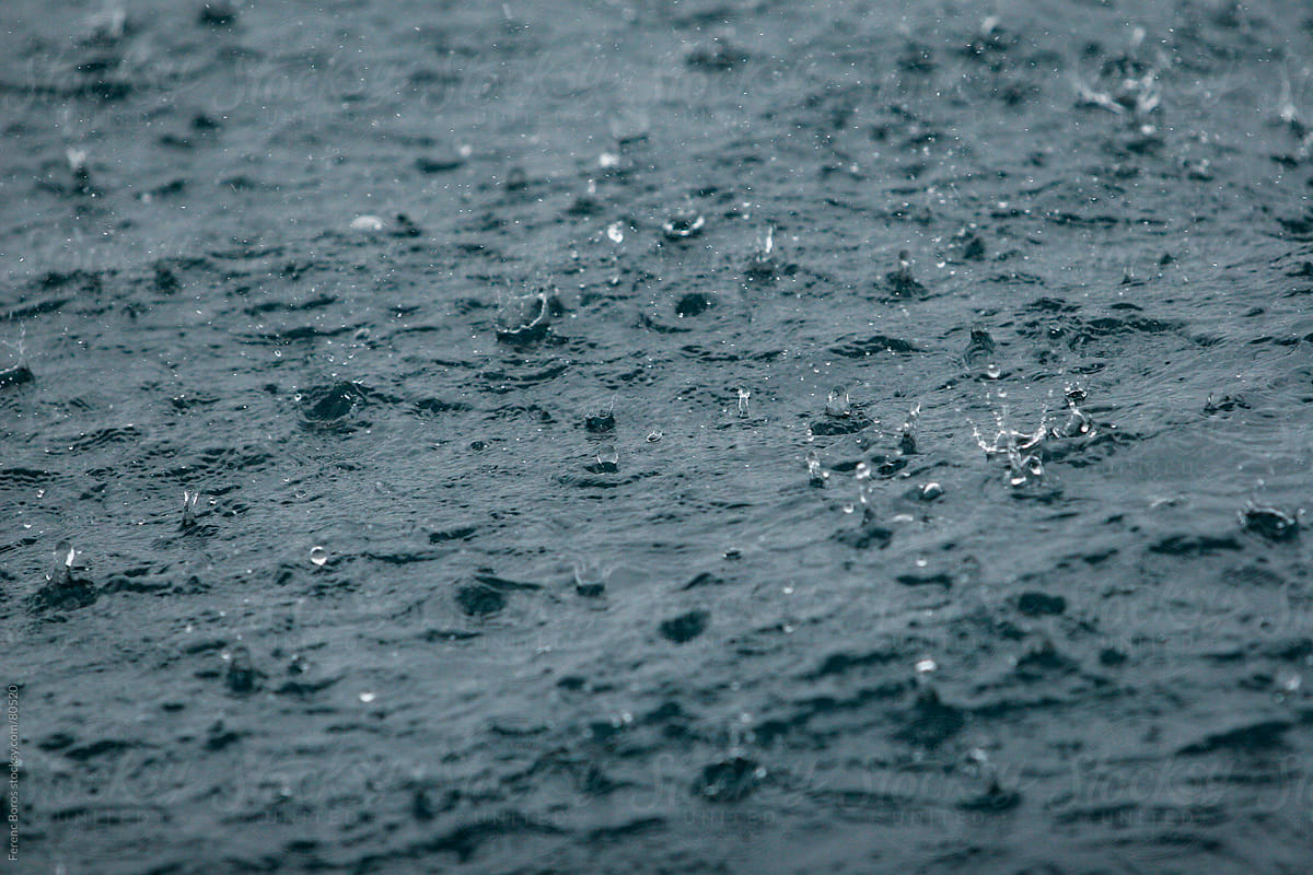 Raindrops and crowns of splashes on water