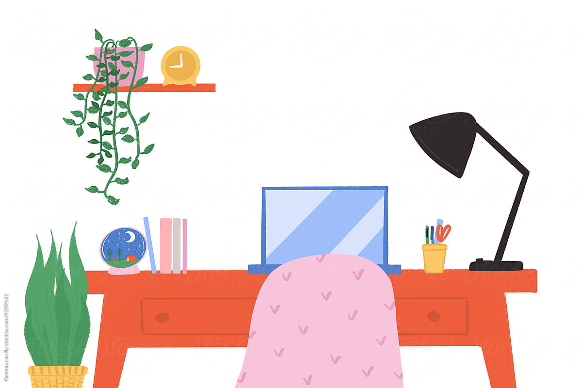 Workspace with laptop and plants illustration