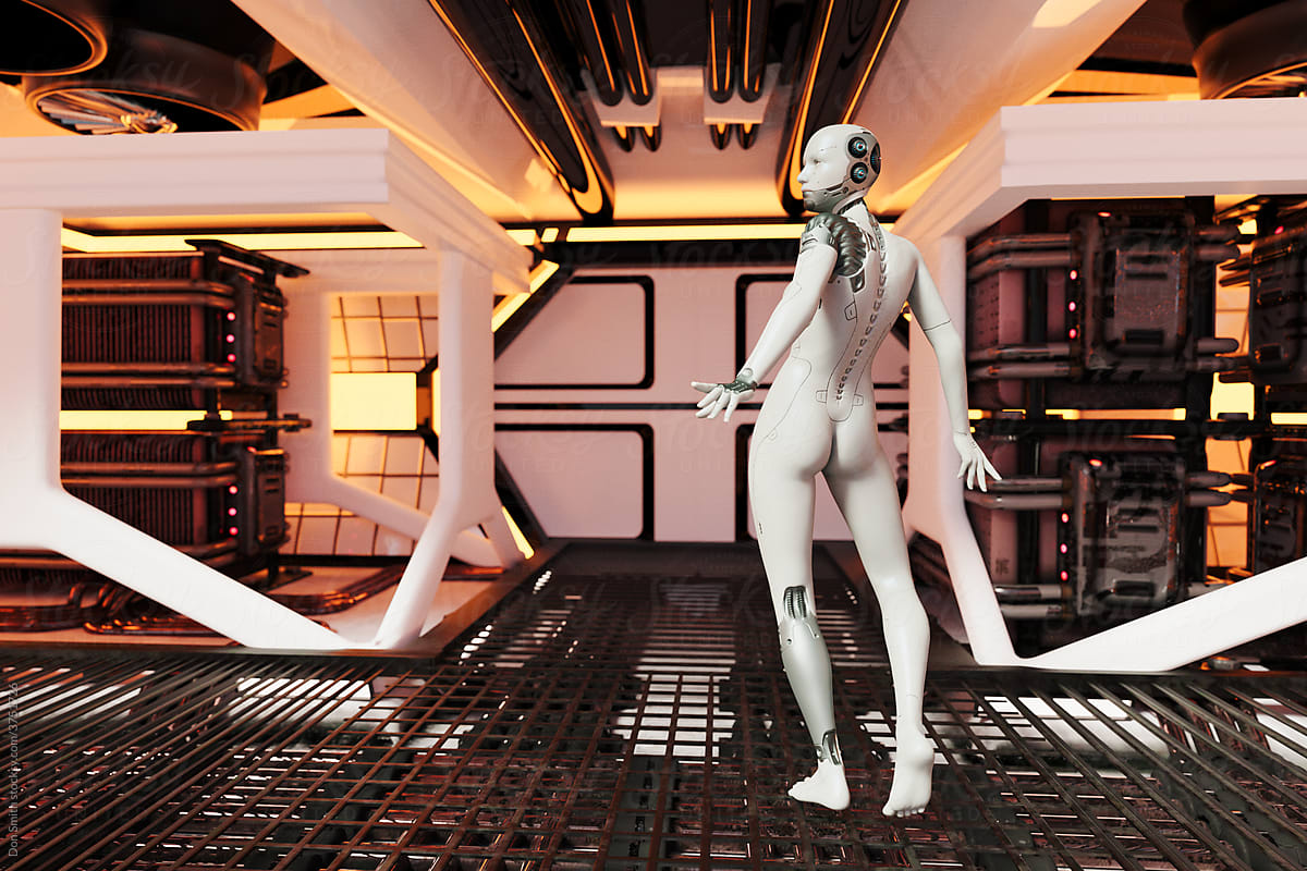 White cyborg woman in futuristic computer room