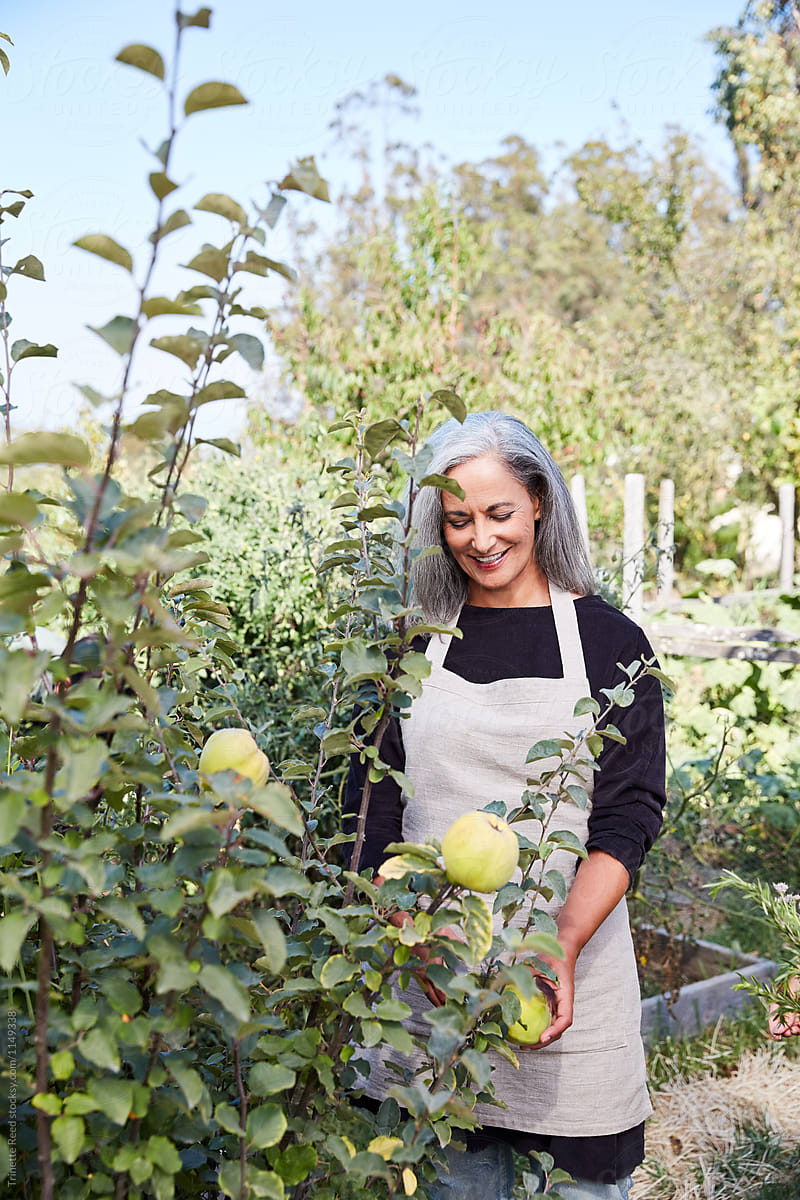 Beautiful senior woman with grey hair gardening in her garden
