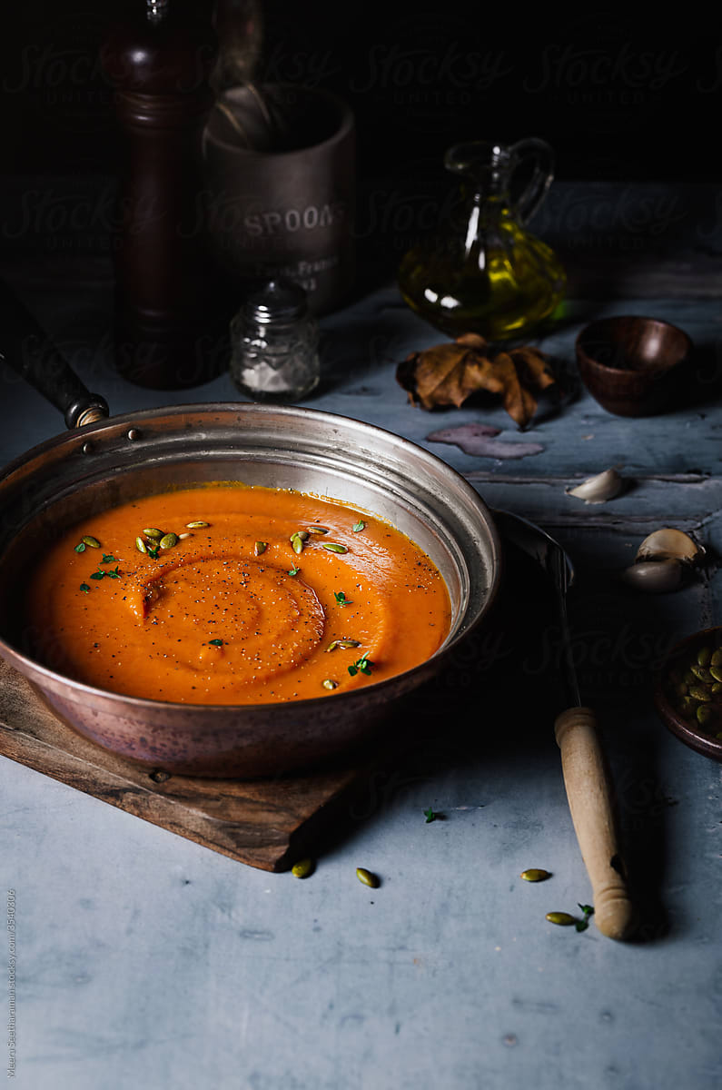 Roasted Butternut Squash Soup in an Antique Copper Pan