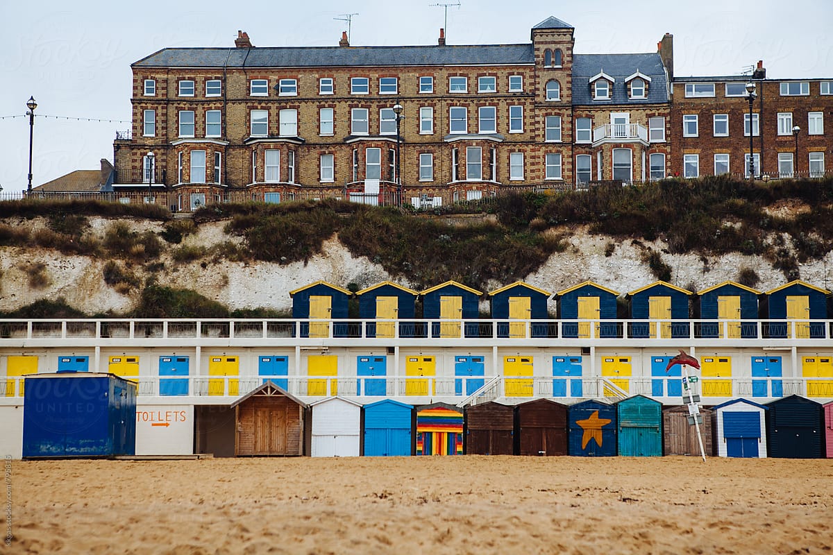 Beach huts on the beach in a typical English seaside resort.