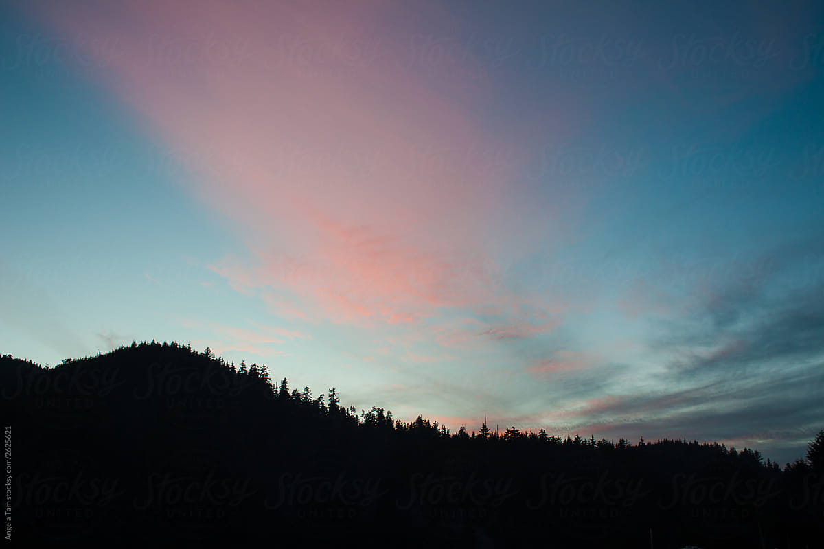 Stock Photo of Pink Clouds over a tree-covered mountain\'s silhouette