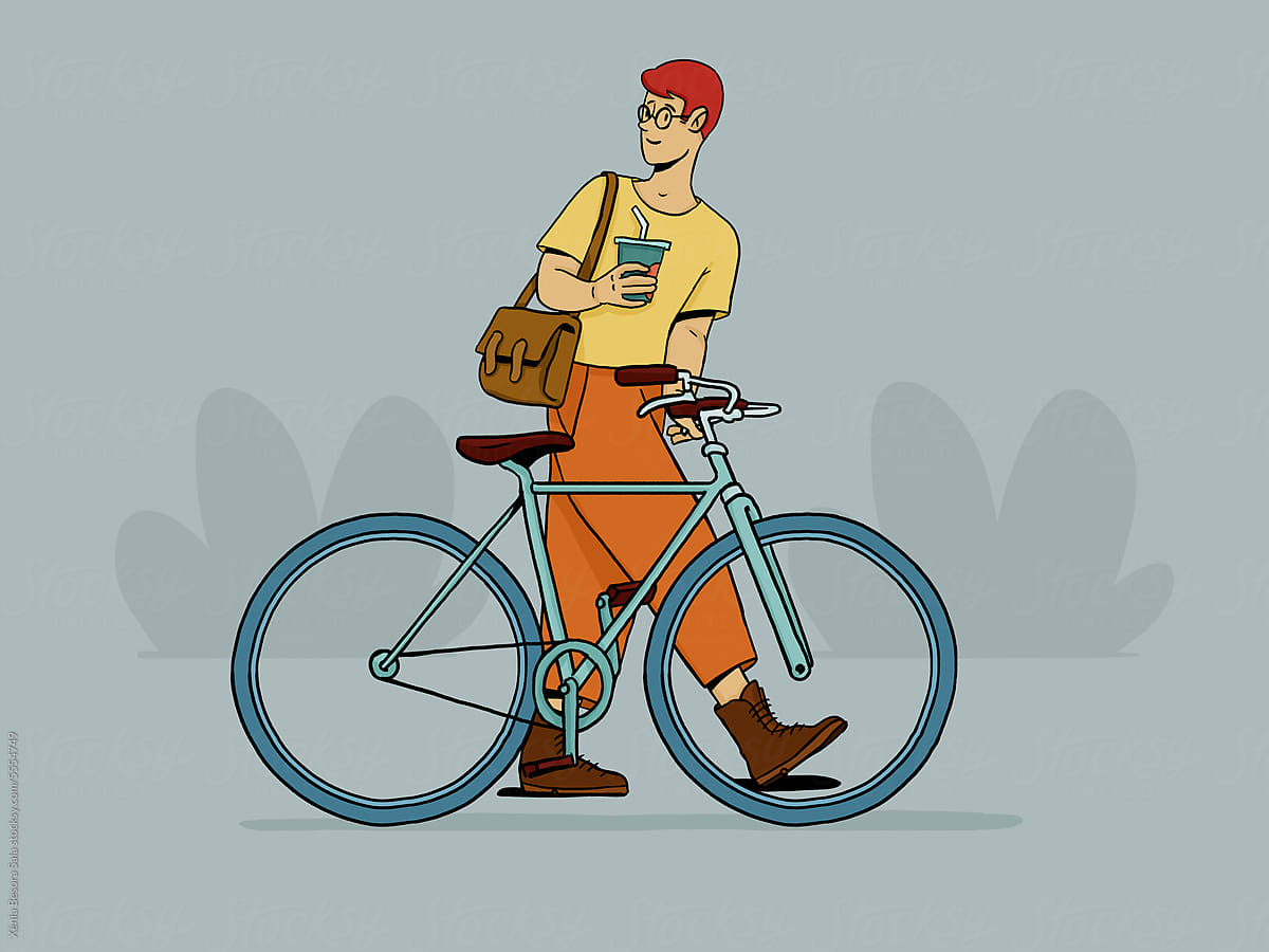 Cartoon guy with coffee and bicycle