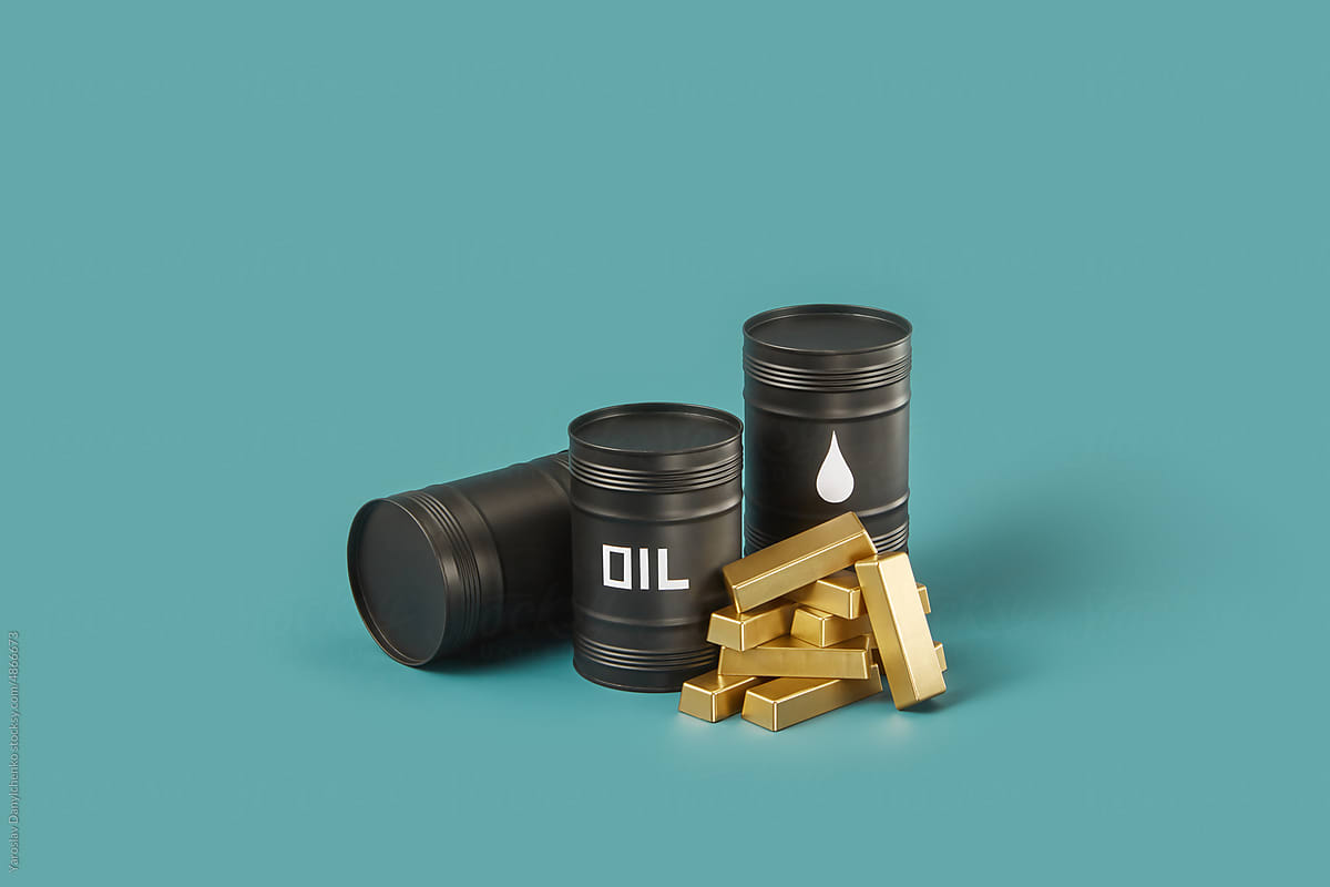 Black oil barrels and gold ingots.