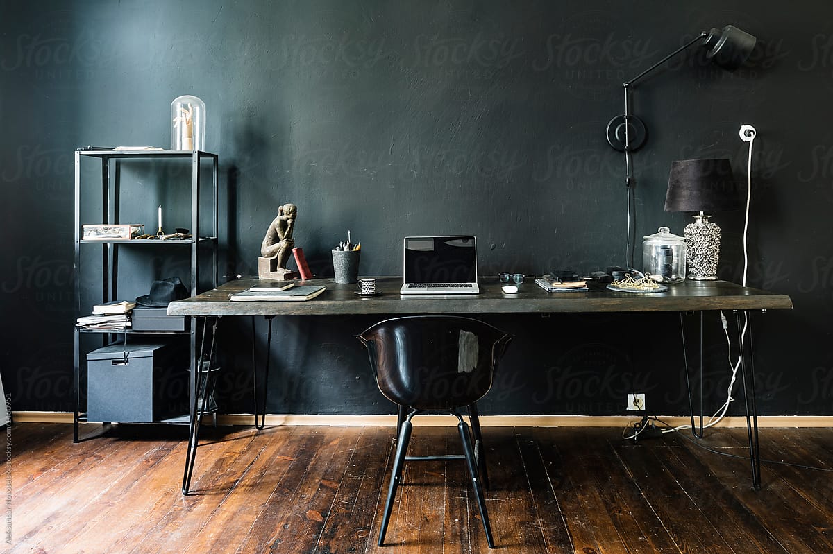 Dark Home Office With Black Walls